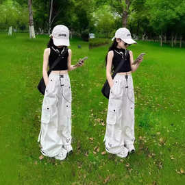 女童白色工装裤夏季薄款美式裤子高腰爵士舞休闲运动2024新款洋气