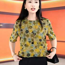 时尚休闲女装中老年女士印花薄款T恤夏季宽松显瘦圆领短袖上衣