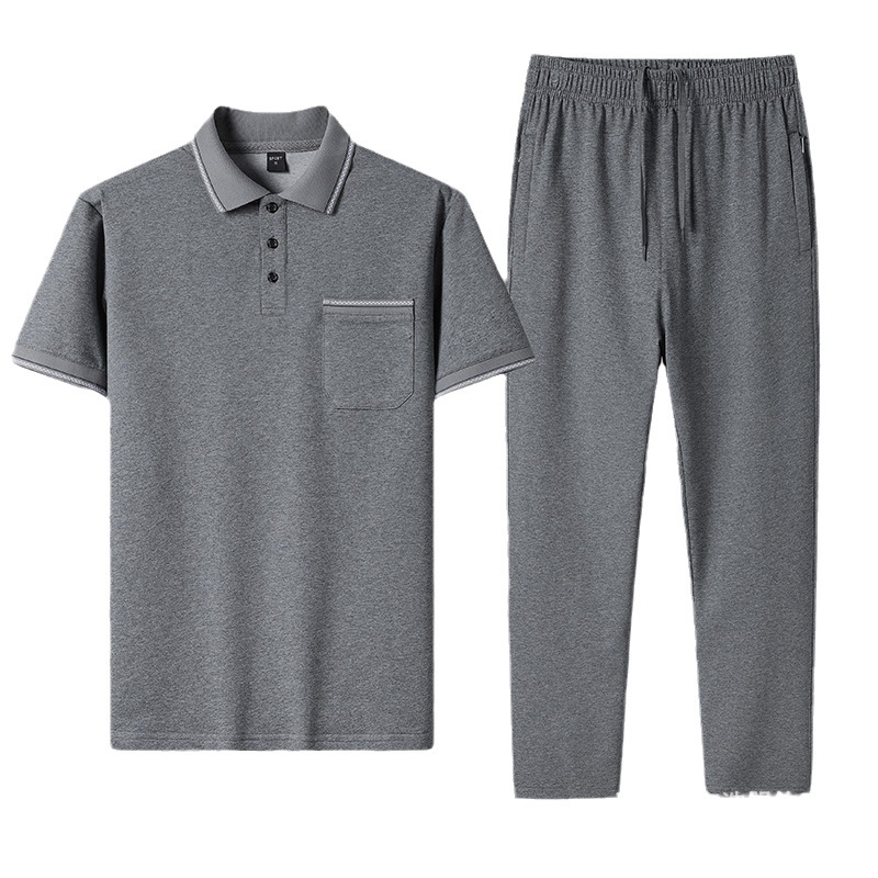 Traje deportivo informal de verano para hombres de mediana edad y mayores, conjunto de dos piezas de algodón para papá, camiseta polo de manga corta y pantalón largo, para el Día del Padre