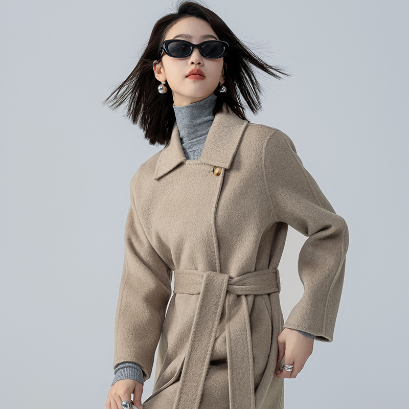 2023 Autumn and Winter Lapel Little Camel Velvet Double-Sided Woolen Coat Women's Mid-Length One-Button Lace-Up Woolen Coat High-End