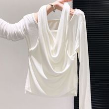 法式设计感假两件挂脖长袖t恤女2025早秋新款修身显瘦打底衫上衣