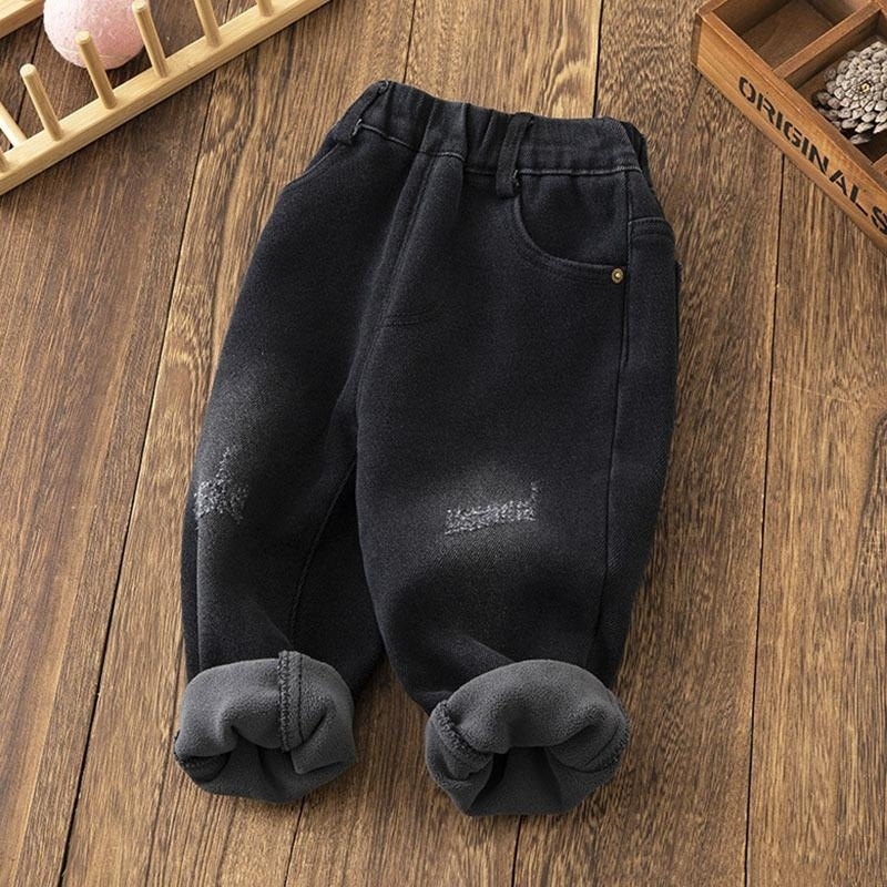 Jeans de lana para niños 2025 nuevos niños pequeños y medianos en invierno engrosado calentamiento de niños pantalones elásticos suaves image 3