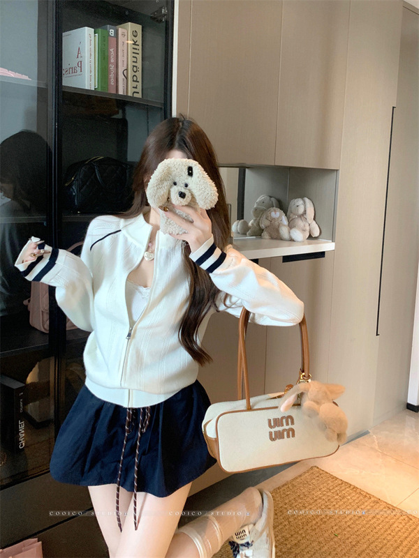 学院风立领撞色长袖针织衫女2025秋季新款设计感显瘦拉链甜辣外套|undefined