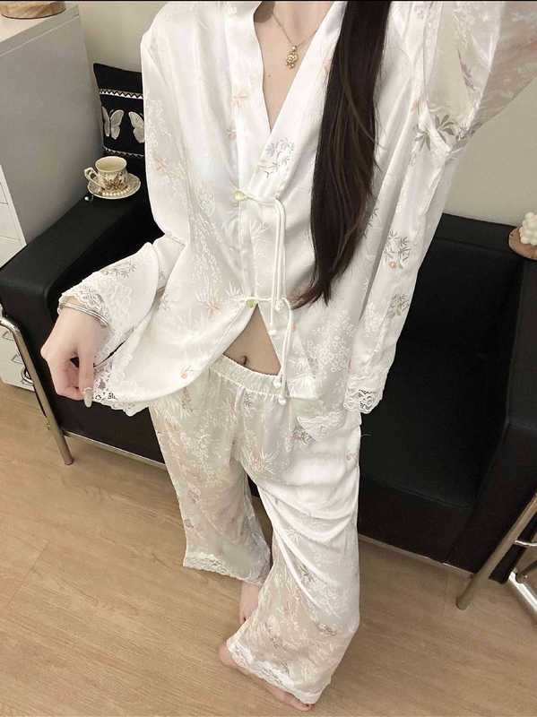 新中式禅意清冷风睡衣女秋季薄款花边拼接冰丝长袖长裤家居服套装|undefined