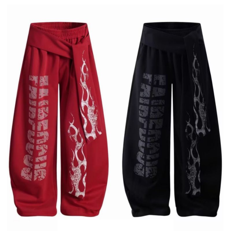 跨境外贸图腾印花y2k绑带设计松紧腰弯刀休闲裤卫裤宽松阔腿长裤