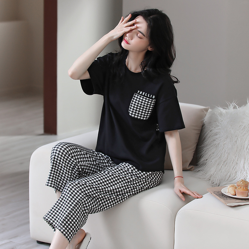 New Summer Pajamas for Women, Pure Cotton, Sweet Korean Style Short-Sleeved Cropped Pants Suit, Home Clothes Wholesale Physical Store Quality