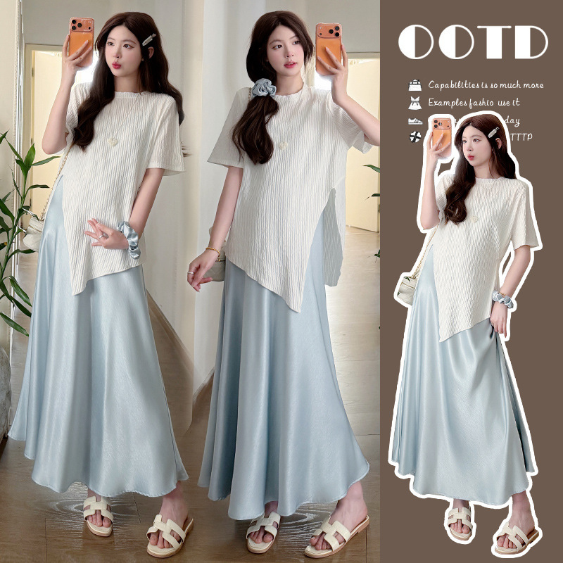 Maternity Dress for Summer, High-End Outfit for Pregnant Mothers, Luxurious Acetate Satin Slip Dress Two-Piece Set