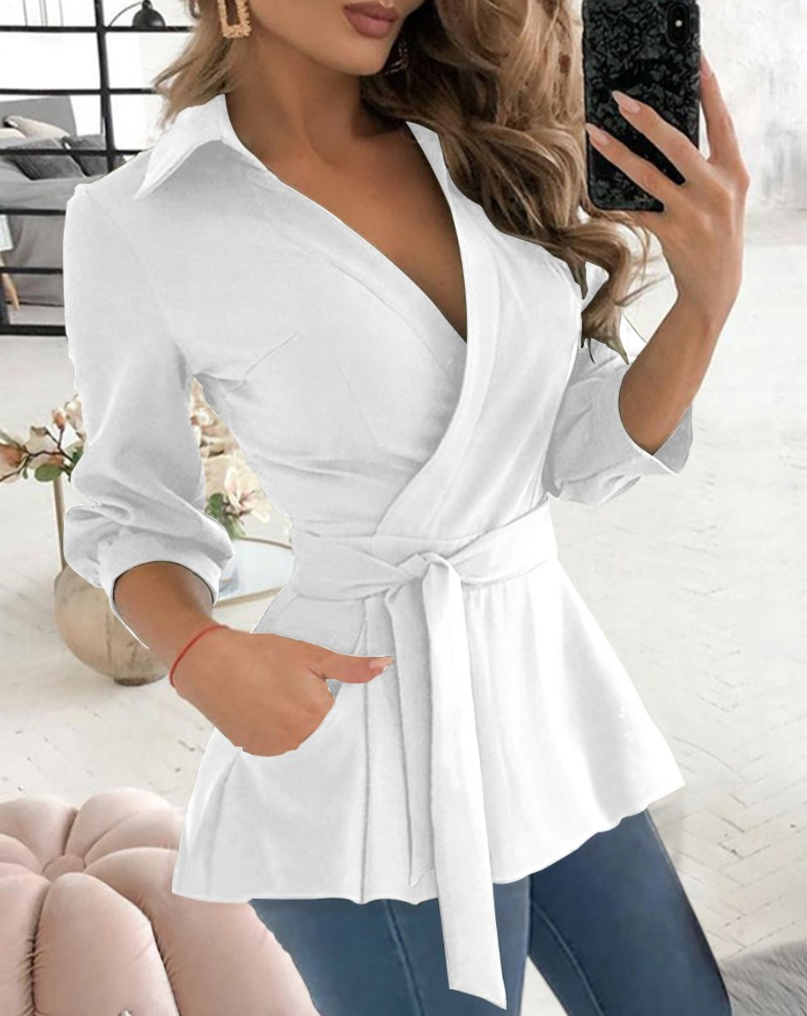 2023 estación independiente deseo Amazon popular otoño nuevo impreso manga larga cuello en V cinturón camisa para las mujeres