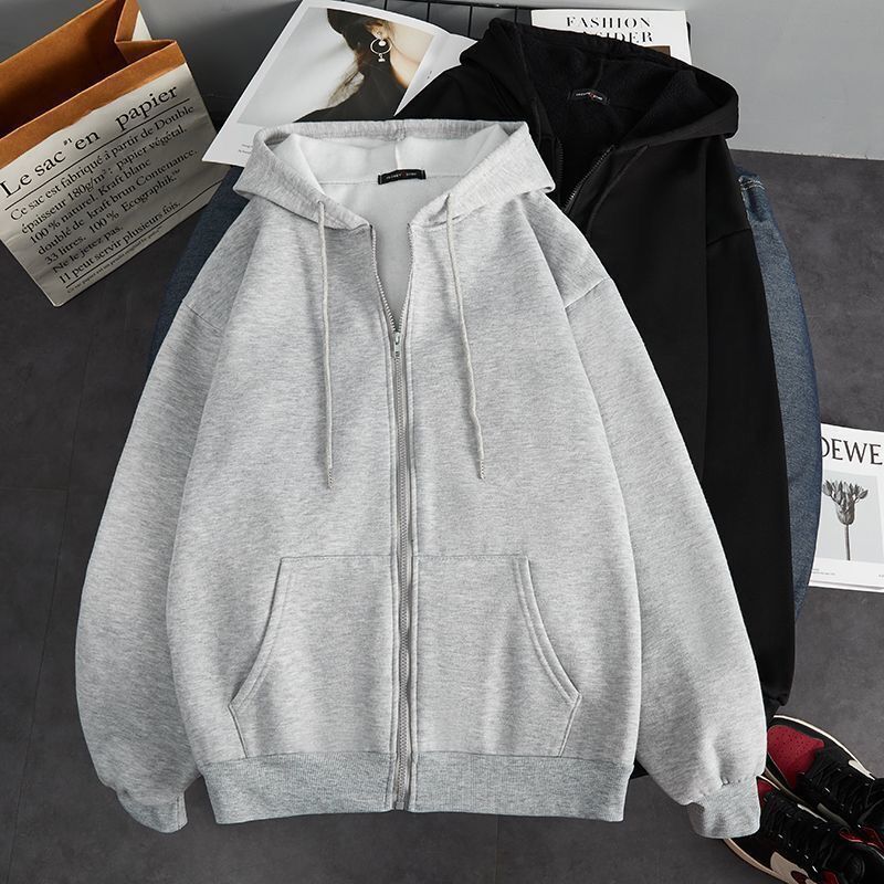 Autumn and Winter Velvet Thickeneded Hooded Cardigan Sweatshirt Men's New Warm Pure Color Zipper Jacket Casual Top Trendy