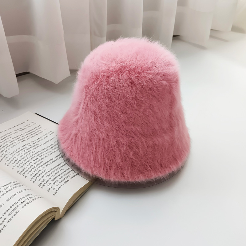 Nuevo estilo coreano de color sólido para mujer Otoño e Invierno todo partido cálido sombrero de cubo de piel de conejo al aire libre reducción de edad cara-mirando pequeño sombrero de cuenca al por mayor