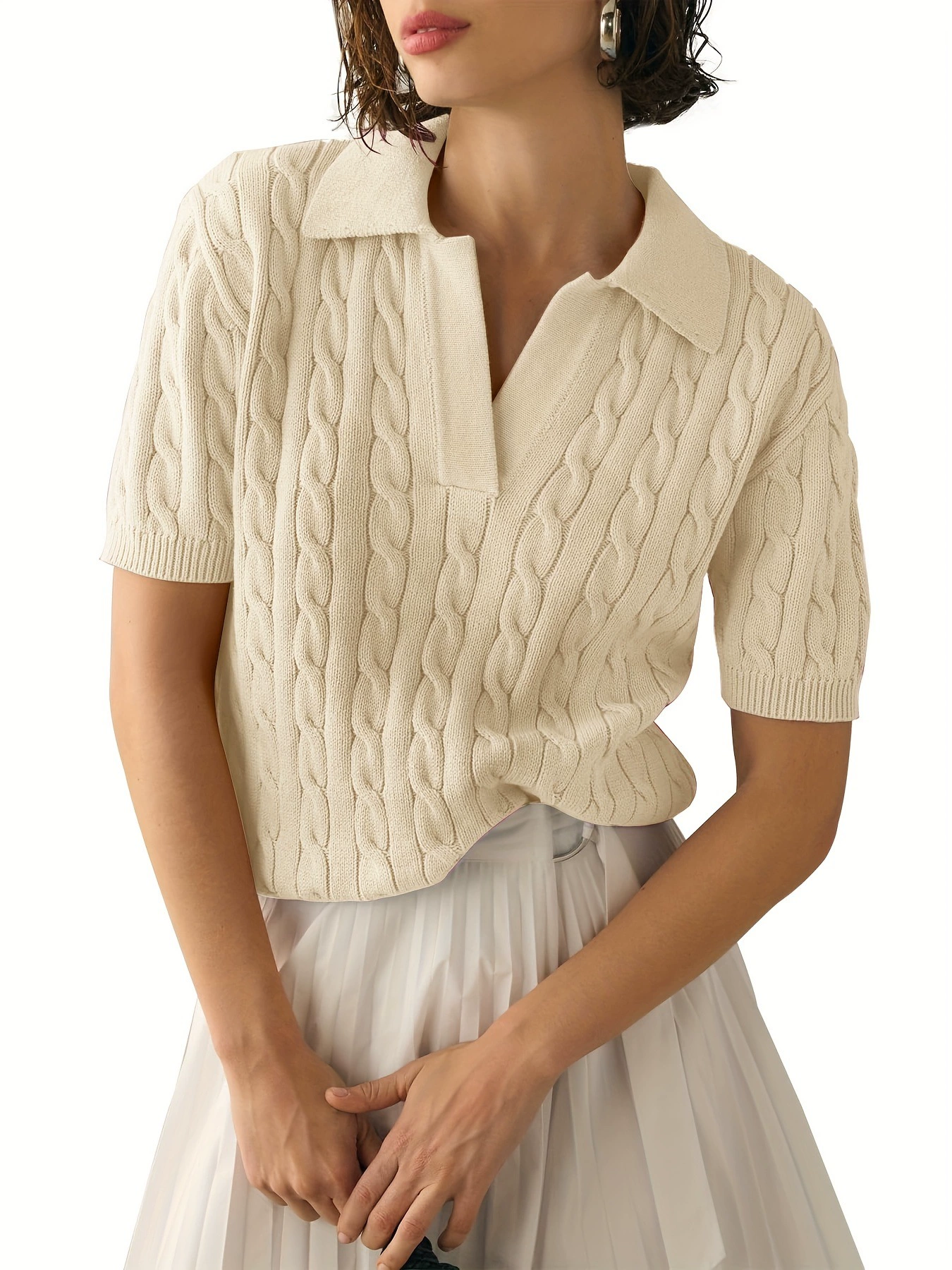 Womens Short Sleeve V Neck Sweaters Cable Knit Collared Cross-border