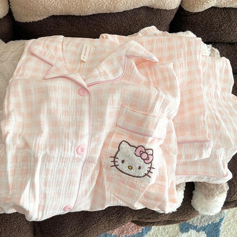 KT gato pijama de dibujos animados de primavera y verano nubes de algodón pantalones de manga larga dos piezas estudiantes textura encantadora ropa doméstica de niña