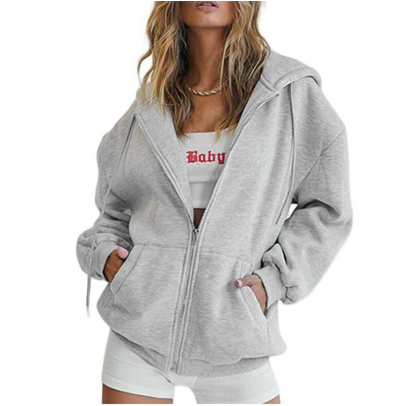2026 European and American Popular Women's Thick Solid Color Zip Pocket Sweatshirt Jacket with Hood Baseball Jacket for Women