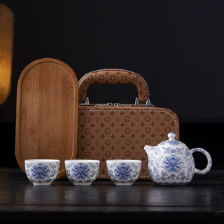 羊脂玉青花缠枝莲龙蛋壶旅行茶具套装一壶三杯茶盘便携式户外泡茶