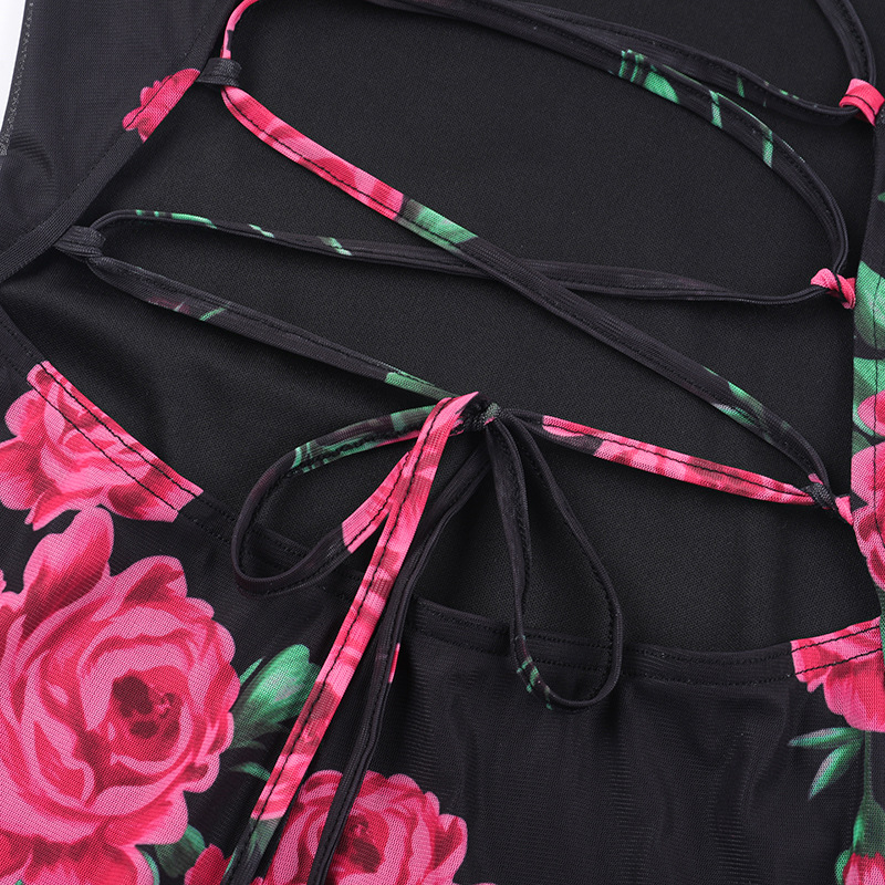 Spring Maxi Dress Sexy Spaghetti Strap Floral Print Backless Lace up Dress