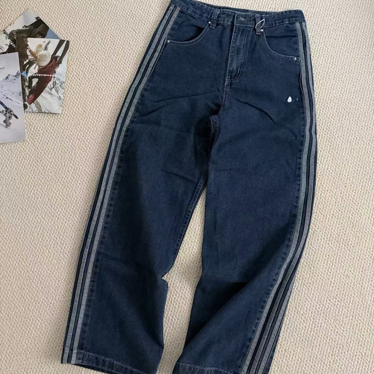 New Spring and Autumn Vintage Striped Denim Wide-Leg Jeans Unisex Loose Sports Suit Straight-Leg Trousers 6234
