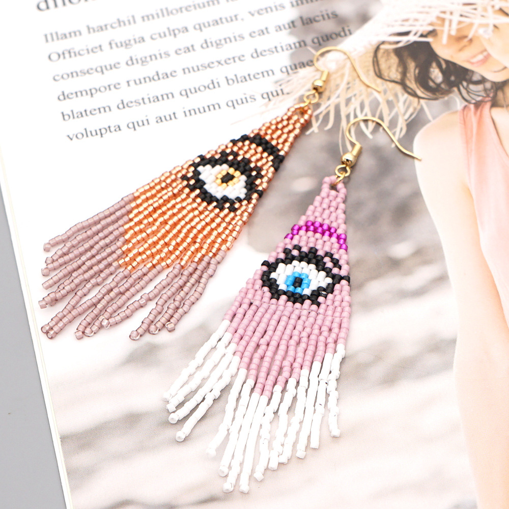 Retro Ethnic Style Demon Eyes Long Tassel Earrings Miyuki Rice Beads Handmade Beaded Tassel Earrings display picture 1