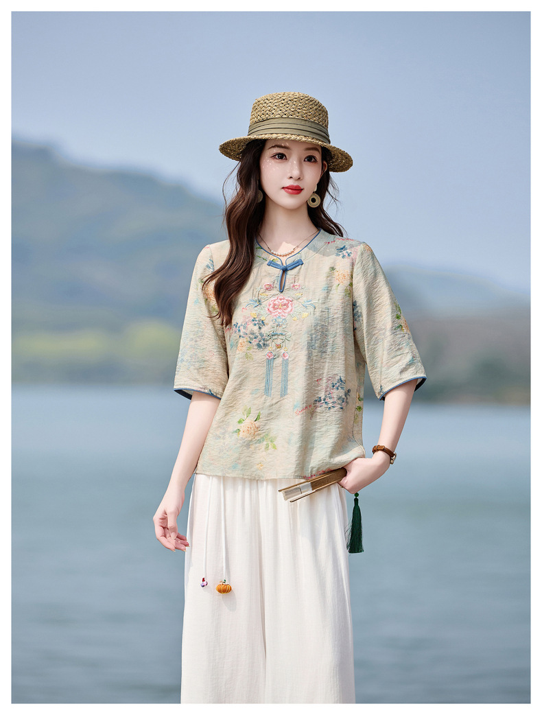 Bộ quần áo nữ hai mảnh sơ mi thêu họa tiết quốc phong kết hợp quần ống đứng MM6617 — xanh lam, Màu hồng chi tiết 19