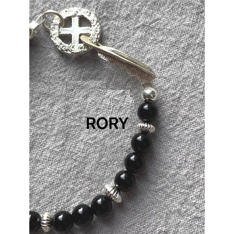 Cross Alloy Pendant Black Beaded Bracelet Image 2
