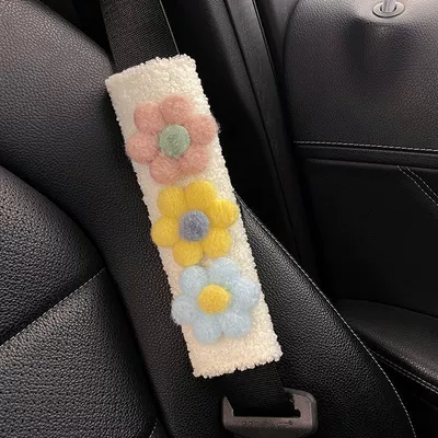 Seat belt shoulder pad Cute Tissue Box Pair Car - lambskin-shoulder-pad-blueyellowpink-flower-1-piece