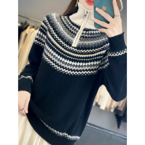 Retro jacquard cardigan women's autumn and winter new age-reducing zipper cashmere sweater Fairisland lapel warm sweater