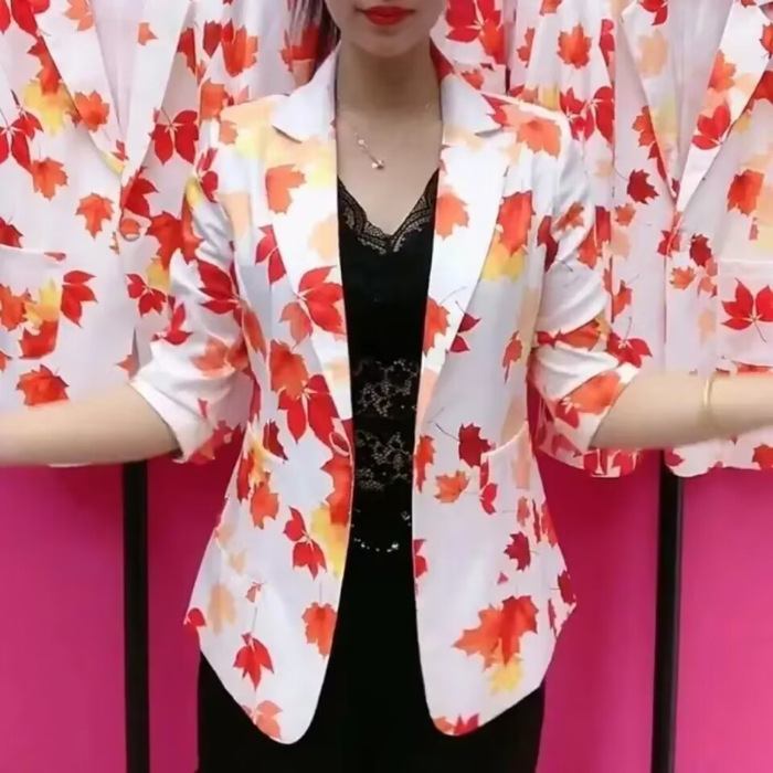 Chaqueta de Traje Casual Estampada para Mujer de Poliéster, Manga 3/4, para Primavera y Verano