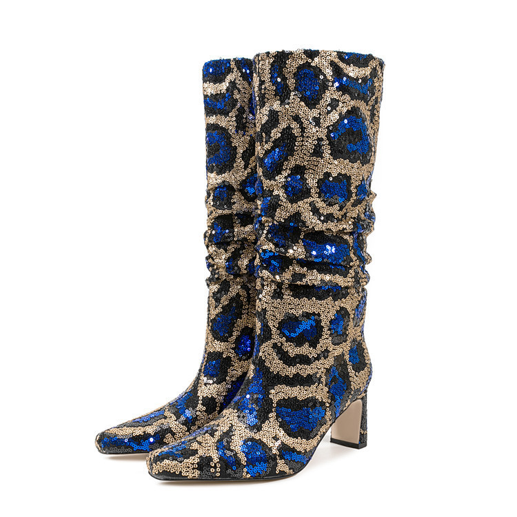 European and American Style Sequined Leopard Print Knee-High Boots for Women, Small Square Toe, Chunky Heel, Stacked Boots, Fashionable High Boots, New Cross-Border Foreign Trade Model