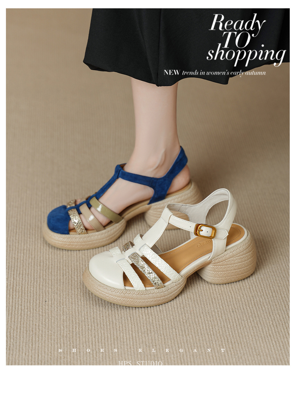 Sandal nữ quai chữ T đan dây đế dày gót thô 6.5cm phong cách La Mã — Màu xanh da trời chi tiết 3