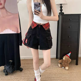 美式hellokitty刺绣辣妹牛仔短裤女夏季设计感格纹拼接包臀热裤子