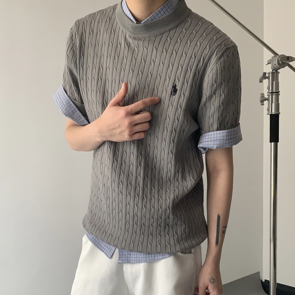 Camiseta de punto de manga corta camiseta masculina marcas de caballo bordadas viejas flores de negocios de hielo seda fábrica de verano transfronteriza al por mayor