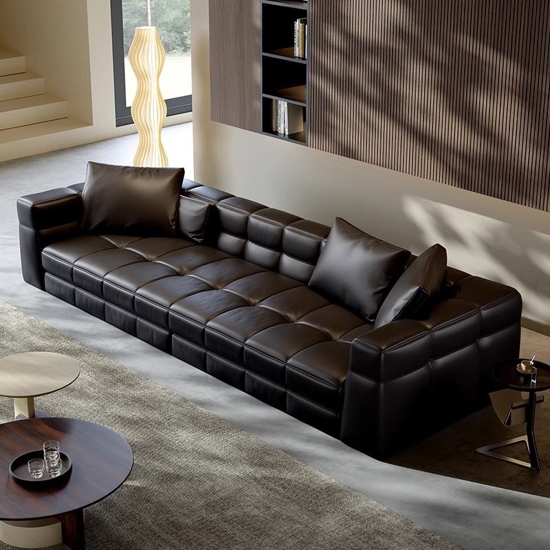Sofá de cuero Braser minimalista de estilo italiano, sala de estar, primera capa de tres asientos, sofá de cuero amarillo, gran piso plano de villa