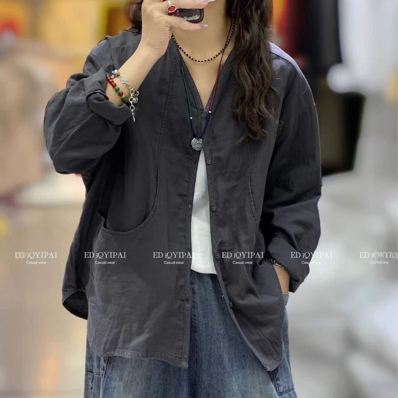 Ed Double-Layer Jacket New Style Versatile Loose Sand-Washed Casual Women's V-Neck Shirt Long-Sleeve Cotton-Linen Retro Ed Double-Layer Jacket New Style Versatile Loose Sand-Washed Casual Women's V-Neck Shirt Long-Sleeve Cotton-Linen Retro
