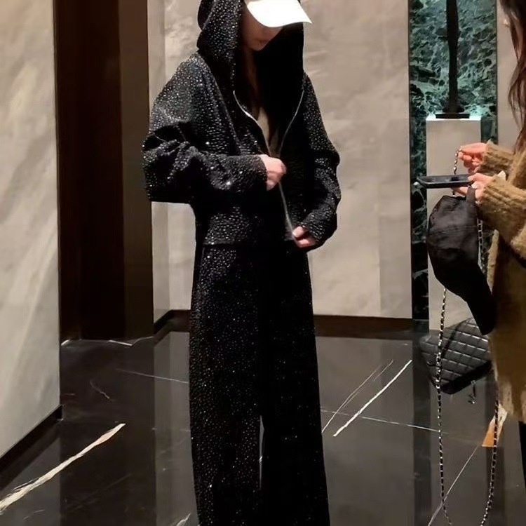 高级感烫钻烫金运动套装女秋冬运动服欧美风休闲宽松显瘦连帽卫衣|undefined