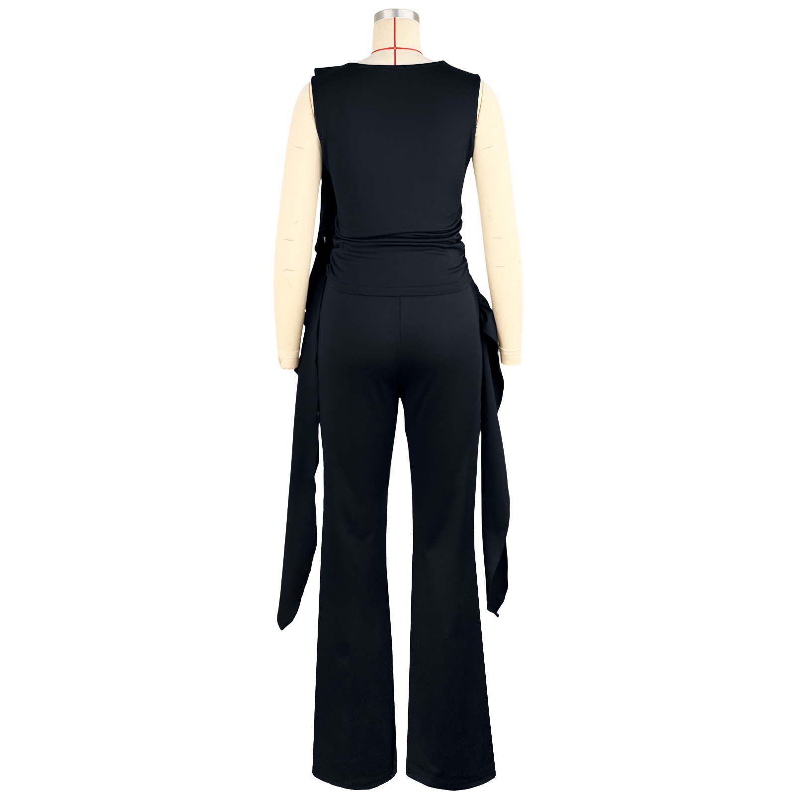 Women's Solid Colour Ruffled Slim Fit Flared Trouser Set Casual_voghion.com