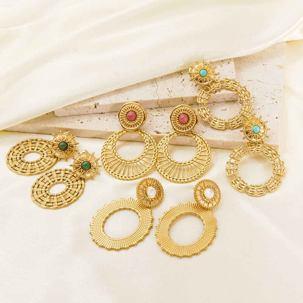 Bohemian Style PVD Coated 14K Gold Real Gold Plated Circle 304 Stainless Steel Bohemian Waterproof Non Tarnish Drop Earrings