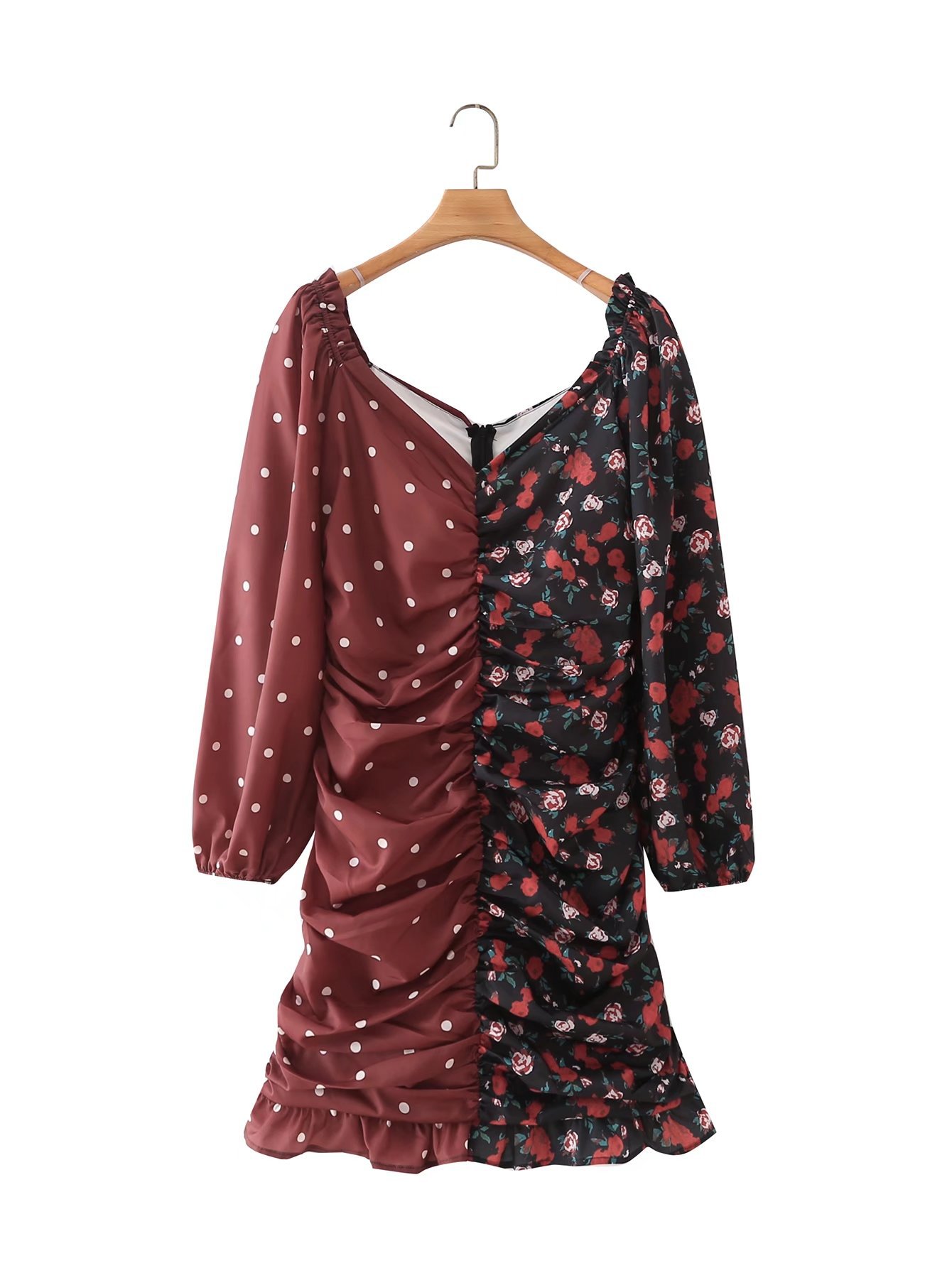 autumn color matching polka dot print pleated dress nihaostyles wholesale clothing NSAM81979