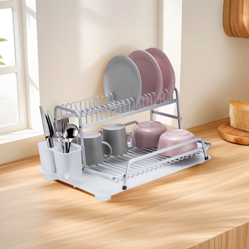 Fábrica al por mayor multiusos cocina vajilla de almacenamiento de doble capa de aluminio de gran capacidad de drenaje estante para platos
