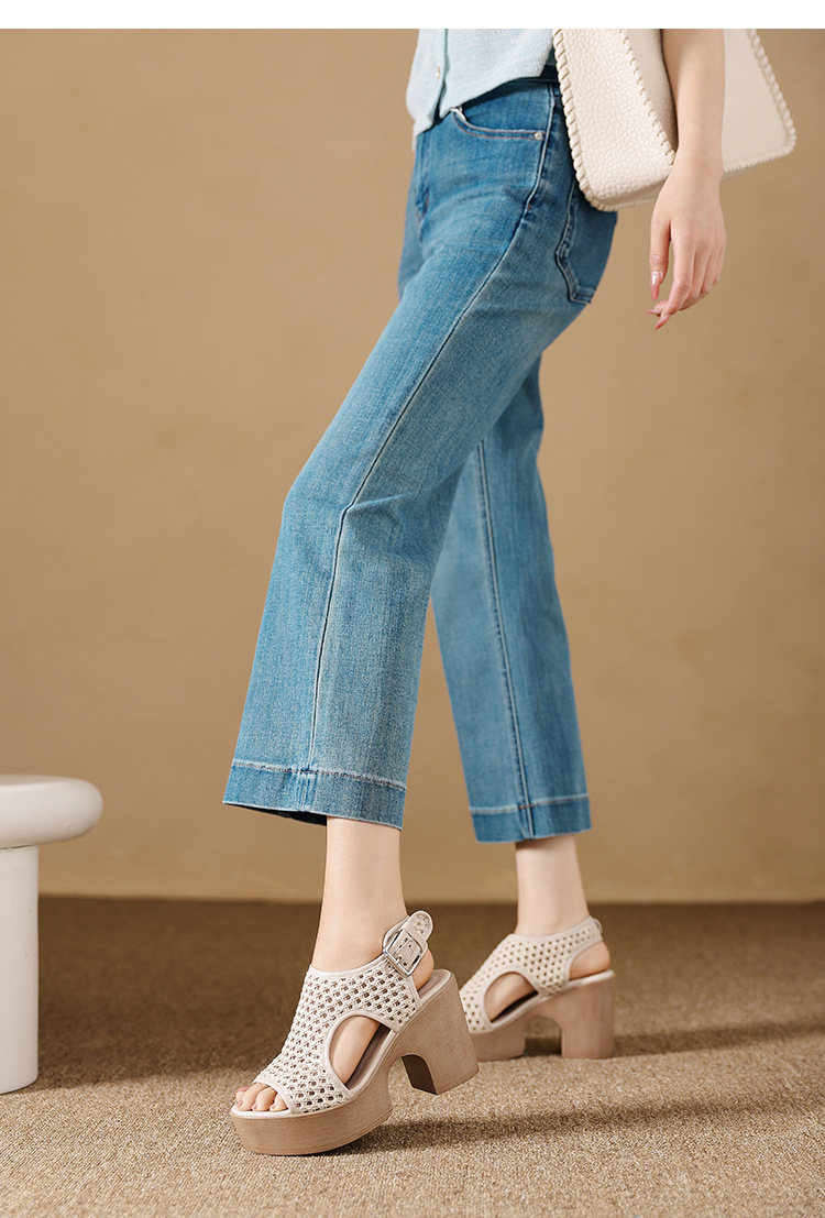 Sandal cao gót nữ mũi hở lưới xuyên thấu, đế xuồng dày, gót thô, phong cách La Mã — màu trắng ngà, màu mơ chi tiết 8