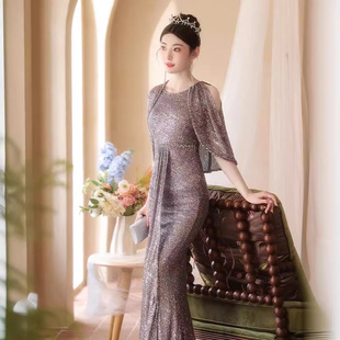 2025 New Light Luxury French Banquet Evening Dress Temperament Socialite Sequined Fishtail Off-Shoulder Long Dress