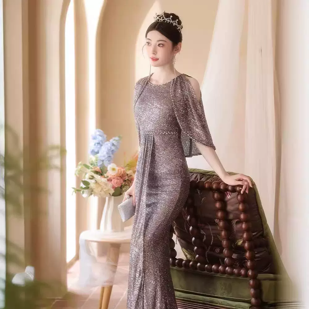 2025新款轻奢法式宴会晚礼服气质名媛亮片鱼尾露肩长款连衣裙