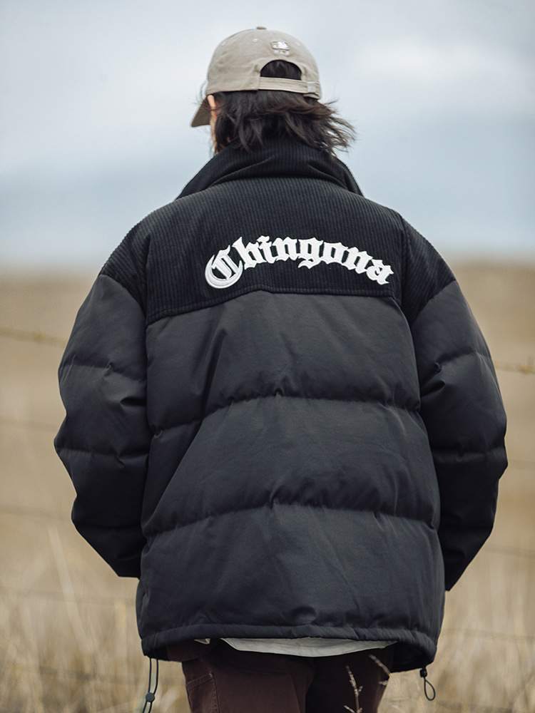 Chaqueta de pana con cuello alto y patchwork de algodón, chaqueta acolchada gruesa de invierno, chaqueta de algodón con bordado de letras de marca de moda para parejas