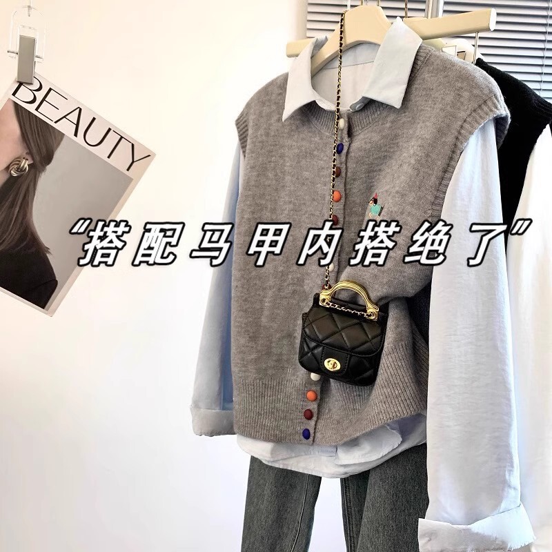 Blue Collar Shirt Layered with Vest Women's Spring Top Guangdong Puning Shirt Sweater Two-Piece Set