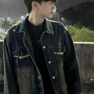 American Style High Street Washed Distressed Denim Jacket Men's Spring and Autumn Lapel Jacket Feeling Fucking Handsome Casual Denim Jacket