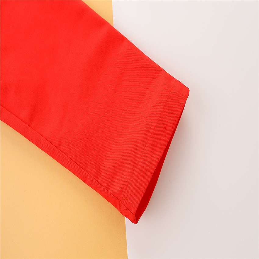 Terno infantil moderno, cor contrastante, camisa preta + macacão, calça vermelha, conjunto de 3 peças_voghion.com