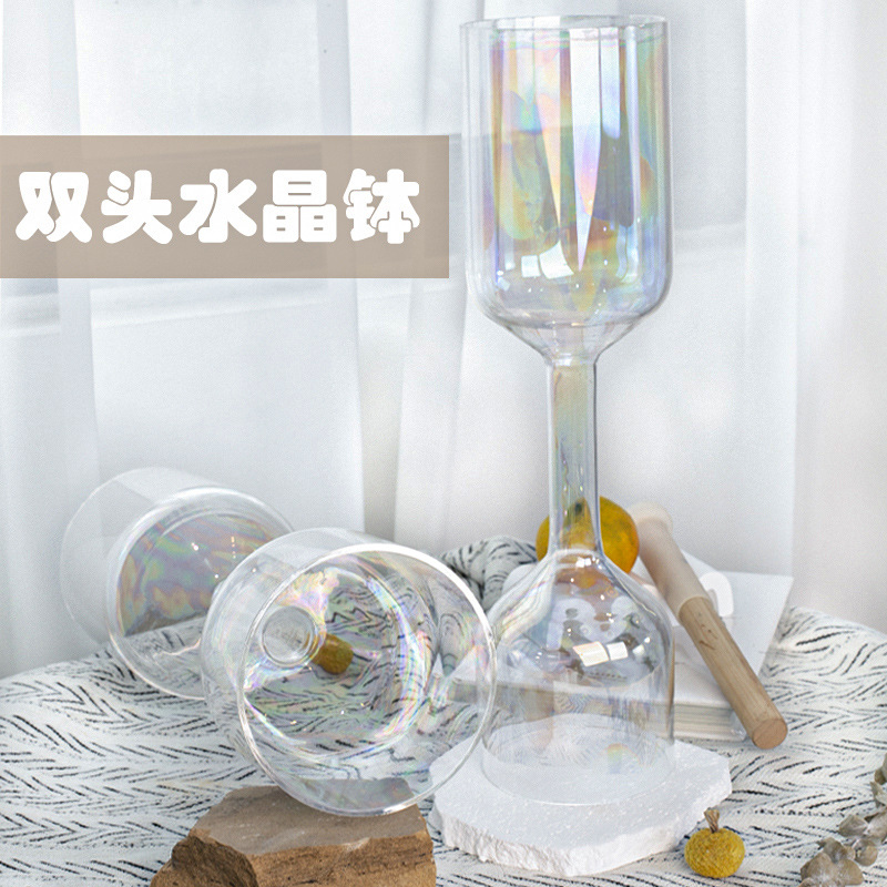 水晶钵手持双头镀膜彩色水晶圣杯透明水晶颂钵乐器瑜伽音乐碗|ms