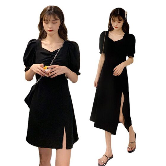 Cross-border plus size Chubby Sister Slimming dress Elegant Square Collar Waist Split French Black Hepburn A- line Skirt