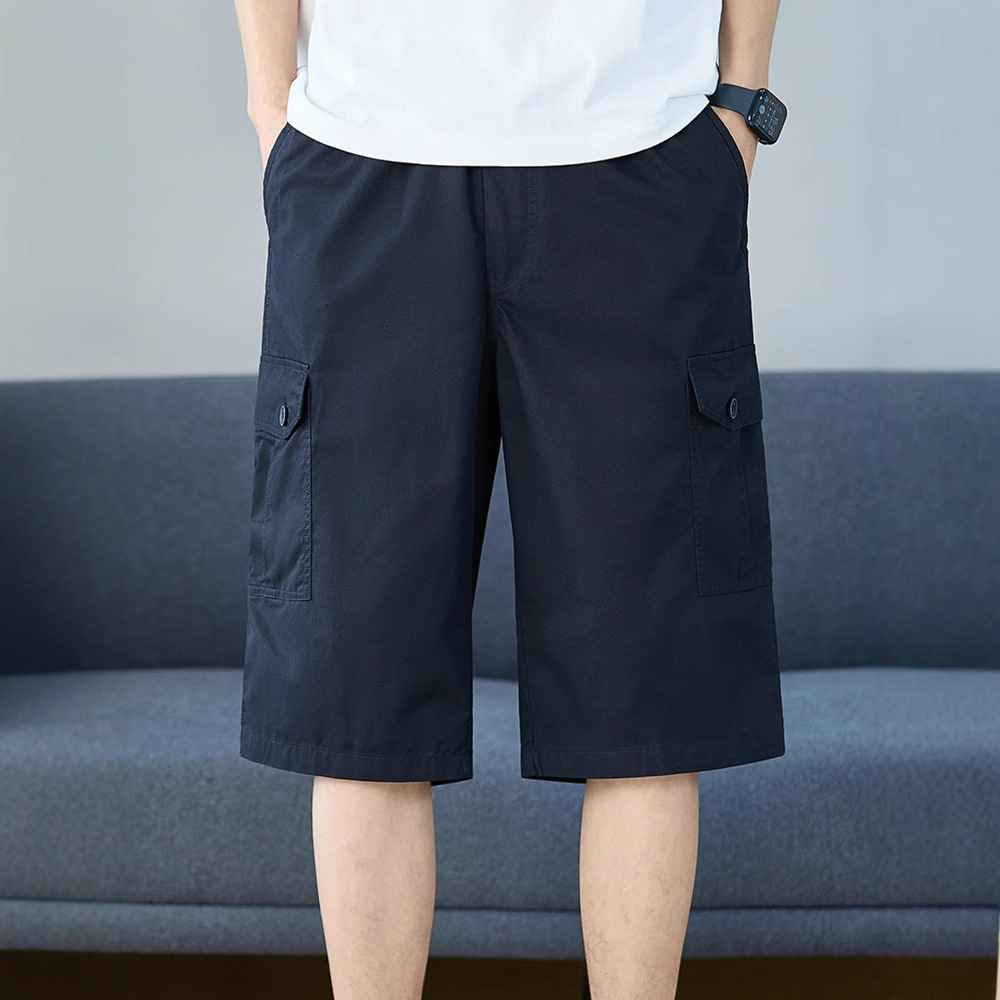 Summer New Men's Pure Cotton Cropped Shorts, Loose and Breathable, Multi-Pocket, Simple and Versatile, All-Cotton Cargo Shorts for Men