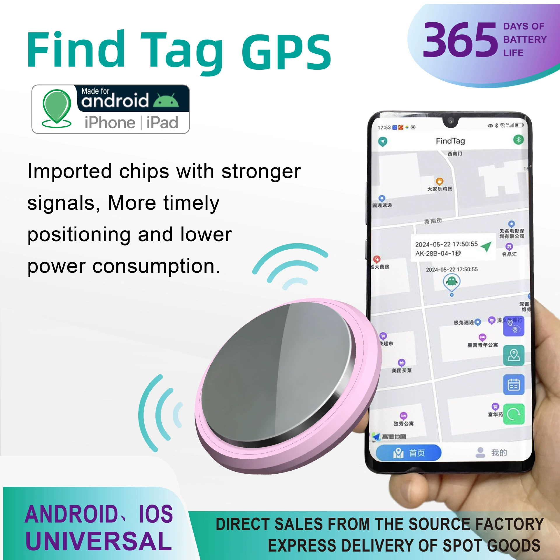 Bluetooth GPS-трекер (Findtag AK-28B) — Android/iOS, 365-дневная батарея, мини-ABS локатор