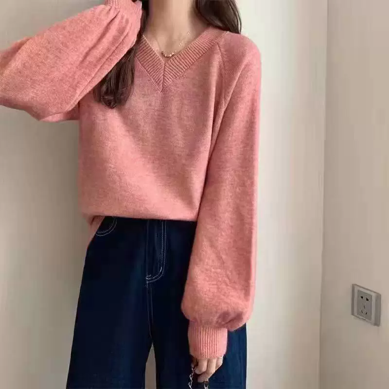 Однотонный вязаный свитер, корейский стиль, V-образный вырез, puff sleeves