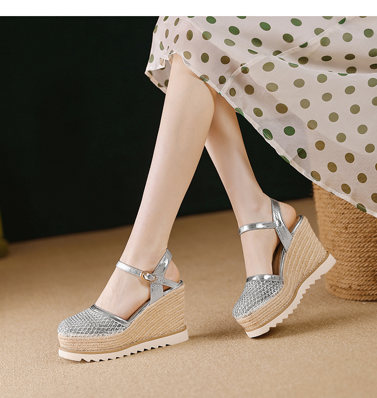 Sandal cao gót nữ mũi nhọn quai ngang đế xuồng đan lưới — màu vàng, bạc chi tiết 12